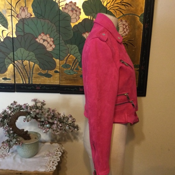 Stradivarius Aviator Jacket Faux Suede HOT PINK Size M Preowned - Picture 3 of 5